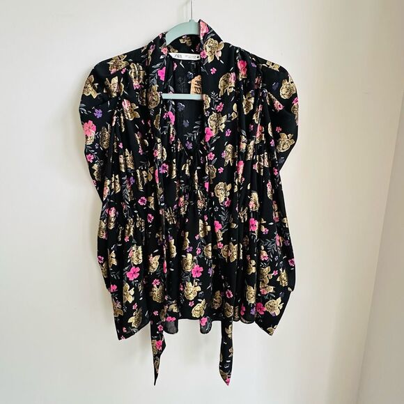 ZARA Metallic‎ Shimmer Tie Neck Blouse Small Gold Floral Statement - Picture 3 of 15